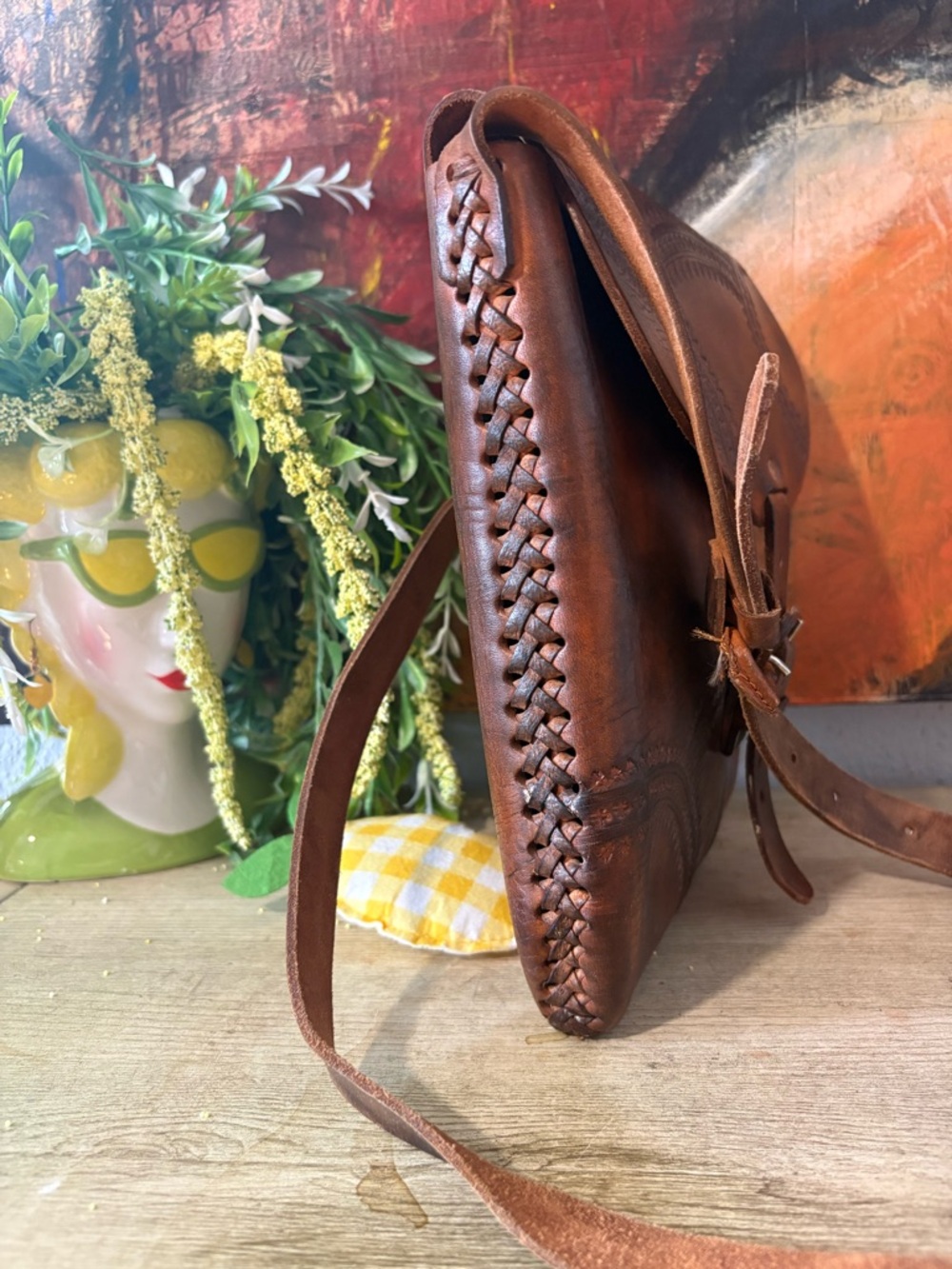 Handcrafted Brown Leather Embossed Crossbody Bag - Picture 3 of 6